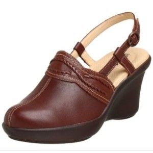 SoftWalk Shoes Size 7.5 N Narrow Mules Sling Back Clogs Wedge Brown Leather